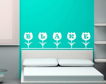 Tulip Wall Decal, Custom Name, Floral Art, Welcome Sign, Personalized Decor, Flower Garland Border