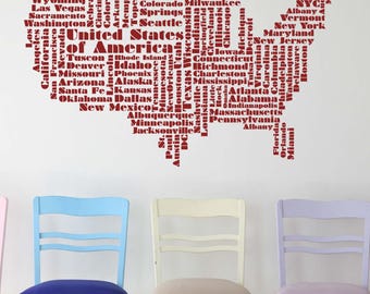 United States of America Map Decor, USA Wall Decal, Typography Design, City & State Artwork, American Art