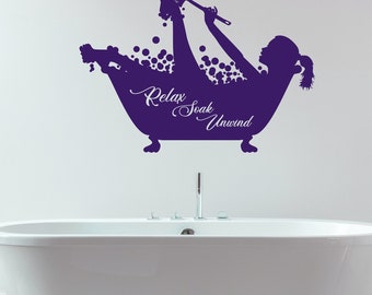 Relax Soak Unwind Quote, Spa Self Care Art, Bathroom Wall Decal, Bathtub Silhouette Decor, Bubble Bath Girl Artwork
