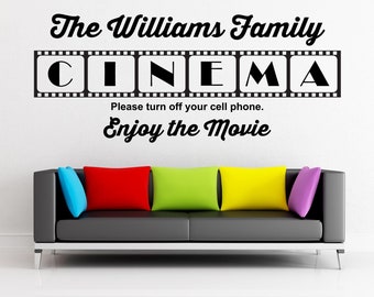 Theater Wall Decal, Cinema Sign, Family Movie Sticker, Custom Name, Film Art, Media Room Decor, Theatre Vinyl Mural