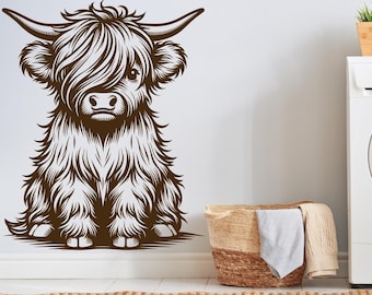 Calcomanía de vaca de las Tierras Altas, animal de granja del bosque, arte de pared bohemio para habitación de bebé, decoración escandinava, habitación de bebé caprichosa, mural de ternero de cuento de hadas