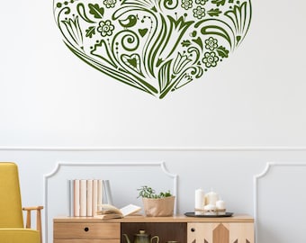 Heart Wall Decal, Floral Heart, Bird Wall Art, Botanical Decor, Folk Artwork, Cottagecore, Farmhouse Rustic Design