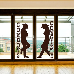 Cowboy and cowgirl silhouette, used on bathroom doors or for home decor. Western themed wall decals. Western bathroom sign with cowboy and cowgirl silhouette decal, a rustic saloon style design for men and women restroom doors.