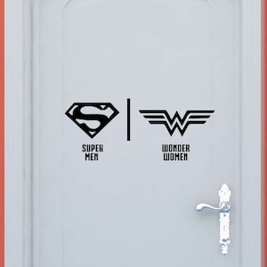 Superhero Bathroom Door Decal, Restroom Wall Sign, Men&#39;s Art, Women Design, Superheroes Vinyl, Sticker, Unique Washroom Decoration, Home Art