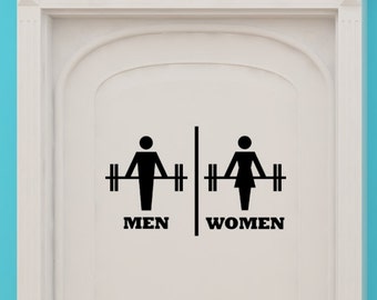 Bathroom Artwork, Restrooms Sign, Men, Women, Weights Art, Weight, Muscle, Muscles Gym, Workout Decal, Vinyl, Sticker, Wall Art, home decor