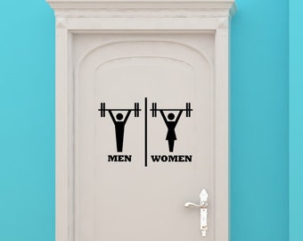 Bathroom Door Sign, Restroom Artwork, Men, Women, Weights Art, Weight, Muscle Man Gym, Workout Decal, Vinyl Sticker, Wall Art, Home Decor