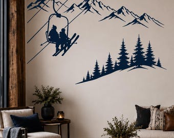 Ski Lift Wall Decal, Chairlift Decor, Alpine Skiing Art, Chalet Design, Mountain Scene Mural, Lodge, Cabin Artwork