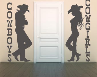 Väggdekal med cowboy- och cowgirlmotiv, västerländsk silhuett i vinyl, rustikt badrumsdörrklistermärke, bartoalettdekor, lantlig väggdesign