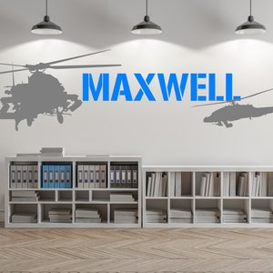 Helicopter Wall Decal, Custom Name Vinyl Sticker, Army Helicopter Wall Art, Military Room Decor, Aviation Kids Room Accent