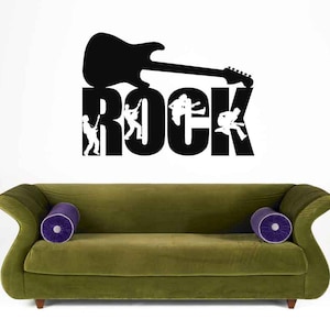 Calcomanía de guitarra, arte de pared para sala de música, calcomanía de pared de banda de rock, diseño de rock and roll, silueta de banda, decoración de estudio de músico, tema de concierto