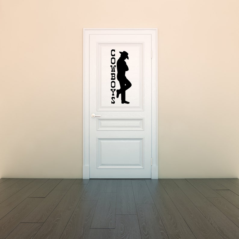 Cowboy silhouette decal paired with a cowgirl design, perfect for saloon signs, western bathroom art, or rustic door decoration.