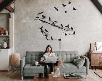 Bird Wall Decal, Flock of Birds Art, Antenna Design, Urban Nature Decor, TV Antenna Silhouette