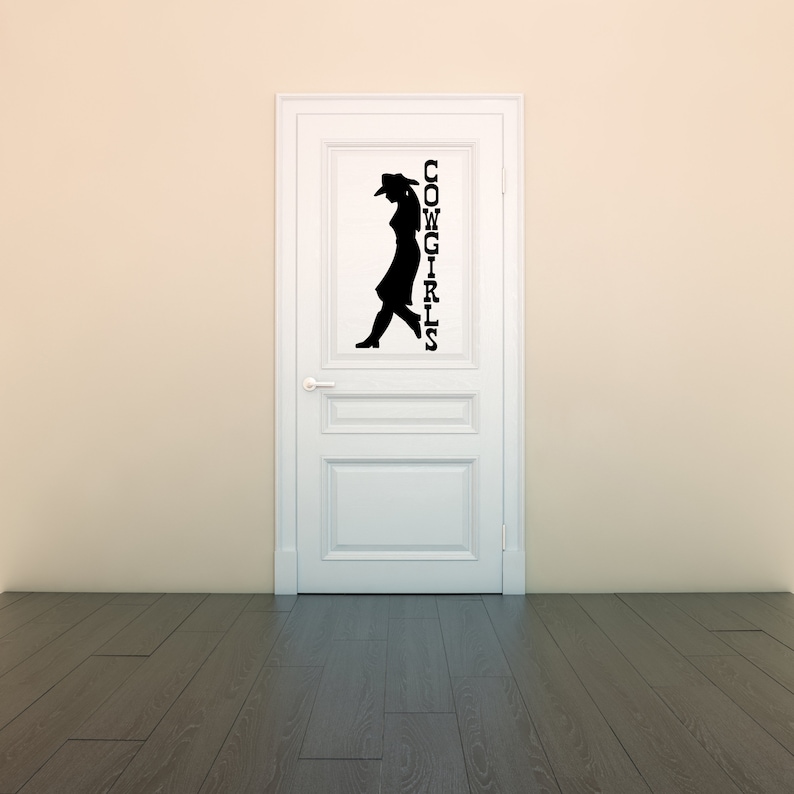 Cowboy cowgirl silhouette restroom door decal, a western bathroom wall art piece that doubles as rustic farmhouse decor.