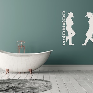 Men women bathroom sign designed in western style with cowboy and cowgirl silhouettes, ideal for themed restrooms or ranch homes.