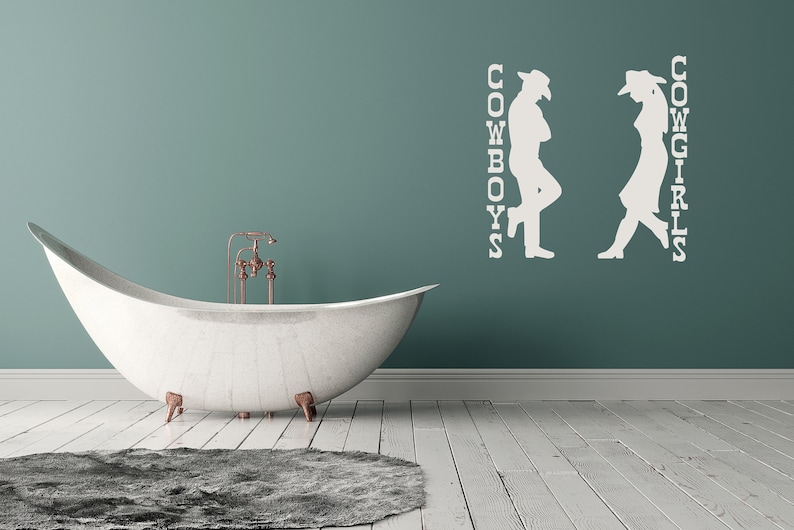 Men women bathroom sign designed in western style with cowboy and cowgirl silhouettes, ideal for themed restrooms or ranch homes.