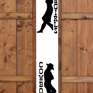 Restroom door decal in a cowboy and cowgirl theme, a fun and rustic sign that brings country home decor style to bathrooms.
