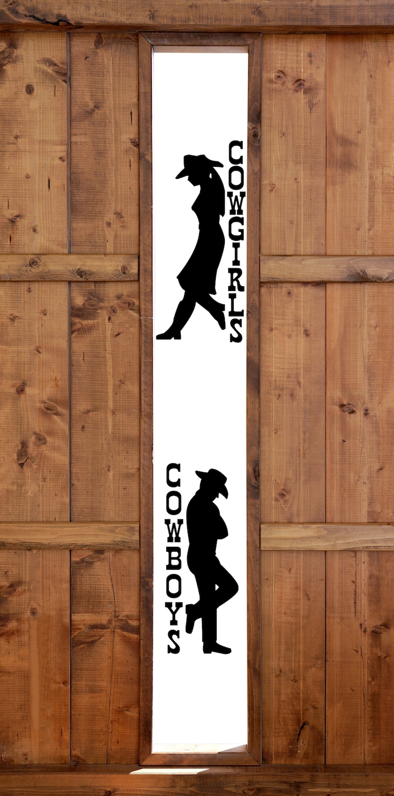 Restroom door decal in a cowboy and cowgirl theme, a fun and rustic sign that brings country home decor style to bathrooms.
