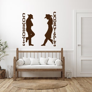 Rustic saloon sign in a cowboy and cowgirl design, renter friendly art that works as both bathroom signage and country decor.