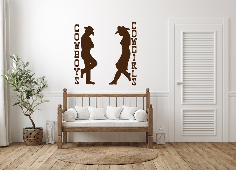 Rustic saloon sign in a cowboy and cowgirl design, renter friendly art that works as both bathroom signage and country decor.