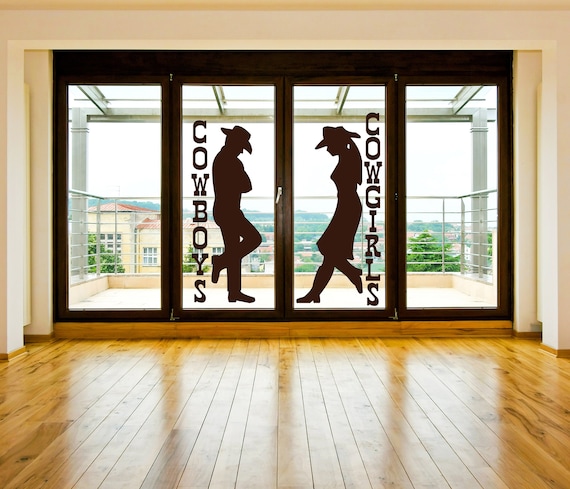 Western Bathroom Sign, Cowboy Cowgirl Silhouette Decal, Restroom Door Decal, Rustic Saloon Sign, Men Women Bathroom Wall Art