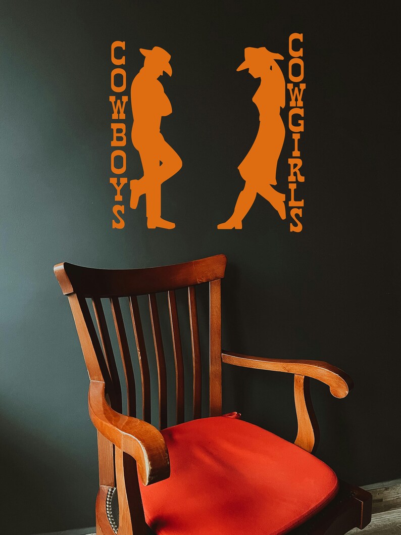 Cowgirl wall art shown as a restroom door vinyl sticker, styled for farmhouse, rustic, or western bathroom decoration.