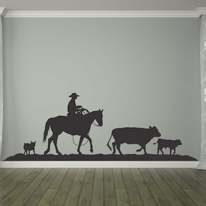 Cowboy Herding Cattle Wall Decal, Cowboy Themed Wall Art, Horse and Cowboy Silhouette, Herding Dog Gifts, Horizontal Western Wall Decor