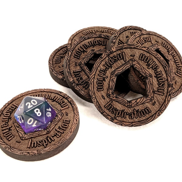Solid Walnut Inspiration Tokens Set of 7 // Orange Oil and Beeswax Finish // Holds d20 // Laser Cut Solid Wood // For D&D 5E
