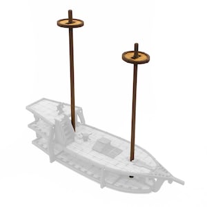 May include: A wooden ship model with two brown masts and round wooden tops. The ship is made of white wood and has a grey base.