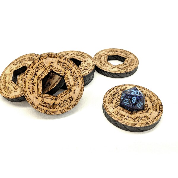 Solid Oak Inspiration Tokens Set of 7 // Holds d20 // Laser Cut Solid Wood // For D&D 5E