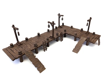 Uncommon Dock Terrain Bundle for TTRPGs | 6" Grid System, Height Adjustable | Docks, Gangplanks, Ladders and Street Lamps | D&D, Pathfinder