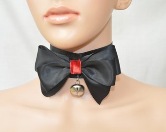 Black Bow Lolita Choker, Kitty play collar, Gothic Kawaii Lolita bow necklace, Pet play collar, Black and Red Kitten play collar ddlg collar