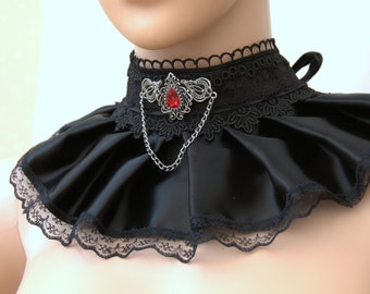 Cuello victoriano negro, gargantilla de encaje satinado, choker con volantes GOTHIC, collar de encaje victoriano, gargantilla única elegante, joyas de estilo oscuro