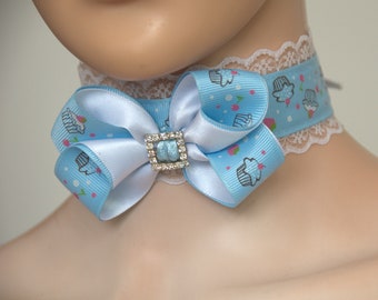 Gargantilla de Lolita azul blanco, collar de encaje, COLLAR DE ARCO, collar de galletas dulces azules, gargantilla gótica pastel, collar de juego de cachorros de kitty play, DDLG