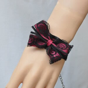 Black Burgundy Lace Bracelet, Victorian Gothic lolita bracelet, Black lace cuff bracelet, Burgundy Kawaii satin bracelet, Lace Bow bracelet