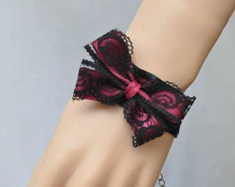 Pulsera de encaje negro borgoña, pulsera lolita gótica victoriana, pulsera de manguito de encaje negro, pulsera de satén burguña kawaii, pulsera de lazo de encaje