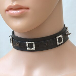 Black leather choker, spikes collar, black gothic studded choker, Leather necklace, studs, rockery choker, Modern leather choker, rhinestone
