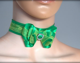 Gargantilla de lazo verde, collar de lazo satinado, collar esmeralda, collar de lazo verde, gargantilla de glamur, collar Lolita 3D, gargantilla de lazo de lujo, collar kawaii