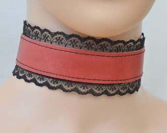 Black Lace RED LEATHER CHOKER, Gothic leather collar with black lace, Red leather necklace, Rock style jewellery