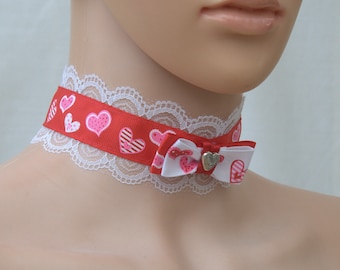 Red bow collar, Lace Lolita Harajuku Kawaii style choker, Collar with hearts, Kitten play collar, Red and white necklace, Kitten girl, ddlg