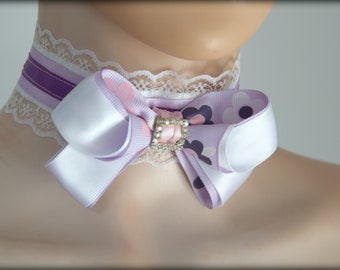 GARGANTILLA DE LAZO LILA, cuello violeta, cuello de encaje romántico, cuello de lazo lila, gargantilla violeta y blanca, gargantilla kawaii, gargantilla Lolita, lazo de niña dulce