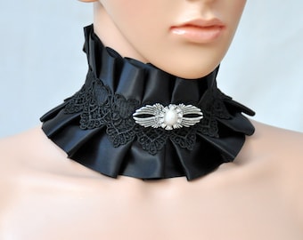 Black Satin Victorian Choker, Lace gothic collar, Gothic satin collar, luxury black choker, Victorian weddning collar, bridal jewellery