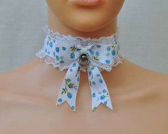 White Blue Lolita choker, D RING COLLAR, bondage Pastel Gothic, DDLG, bdsm choker, Kawaii harajuku, Pet play gear, kitty play white  collar