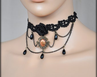 Black Lace Choker, Victorian Rose necklace, Gothic collar, Kawaii Lolita harajuku collar, gothic chain lace collar, black  rose necklace