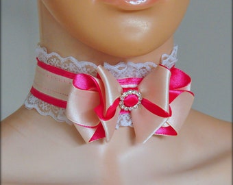 RÓŻOWA KOKARDA KORONKOWA, kołnierzyk koronkowy, romantyczny kołnierzyk koronkowy, kołnierzyk kokardkowy w kolorze kości słoniowej, różowo-biały choker, choker kawaii, choker lolita, słodka kokardka dla dziewczynki