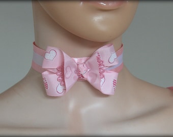 PINK BOW CHOKER, pink collar, Romantic pastel collar, white bow collar, pink and white choker, kawaii choker, Lolita choker, Sweet girl bow