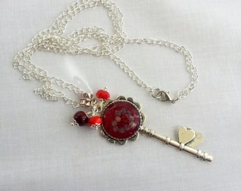 Red key necklace, heart necklace, Silver antique key, Red heart key pendant, bridesmaid gift, steampunk pendant,  gothic lolita jewellery