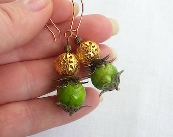 Green earrings, Green Gold bronze Flower Earrings,  Drop Floral summer Earrings,  Dangle lolita kawaii handmade earrings, Gift for her