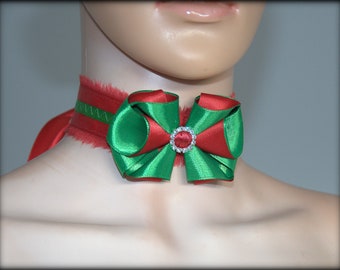 Green and red Choker, Easter  collar, Green bow choker, Red bow collar, christmas gift, 3D Lolita collar, Luxury bow choker, kawaii collar