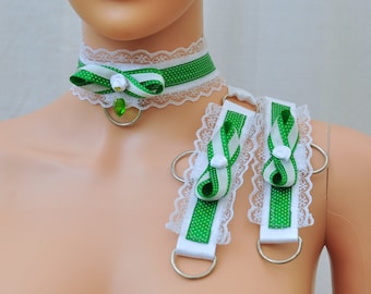 Set COLLAR and CUFFS, D ring choker cuffs, White and  green D ring choker and wrist cuff, Ddlg, Bdsm, bondage adult play, Kitten puppy play