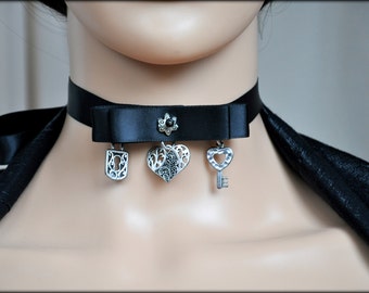 Black Bow Choker, Victorian necklace, Gothic Lolita Romantic sexy choker, black victorian choker, retro choker, simple choker, heart  key